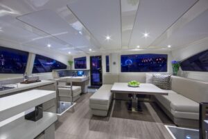 Helm station of 2017 Leopard 51 Powercat with dual helm seats, center console steering, and forward visibility through win...