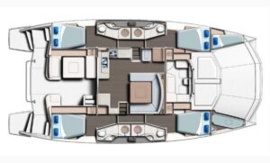 Galley with stainless steel appliances and white cabinetry aboard 2017 Leopard 51 Powercat.