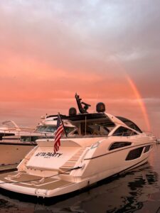 Sunseeker Predator 68 bow with forward seating and anchor setup on 62-foot luxury yacht in Holland, Michigan.