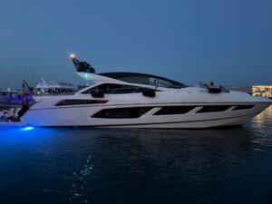 Sunseeker Predator 68 luxury motor yacht stern profile with extended swim platform and transom design.