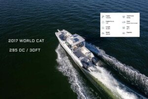 Bow view of 2017 World Cat 295 DC dual console catamaran with forward seating and windshield in Miami.