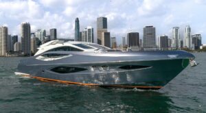 2019 Numarine 78 motor yacht exterior profile starboard side view showing full hull design and superstructure in Miami.