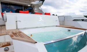 2019 Numarine 78 motor yacht bow section with forward seating and teak deck details.