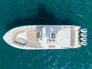 Bow seating and anchor locker on 2020 Boston Whaler 380 Outrage center console fishing yacht in Naples, Florida.