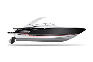 Monterey 328SS Super Sport center console helm station with dual Garmin displays, steering wheel, and throttle controls ov...