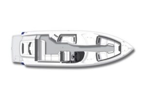 Monterey 328SS Super Sport center console helm with dual Garmin displays, black leather helm seat, and stainless steel ste...