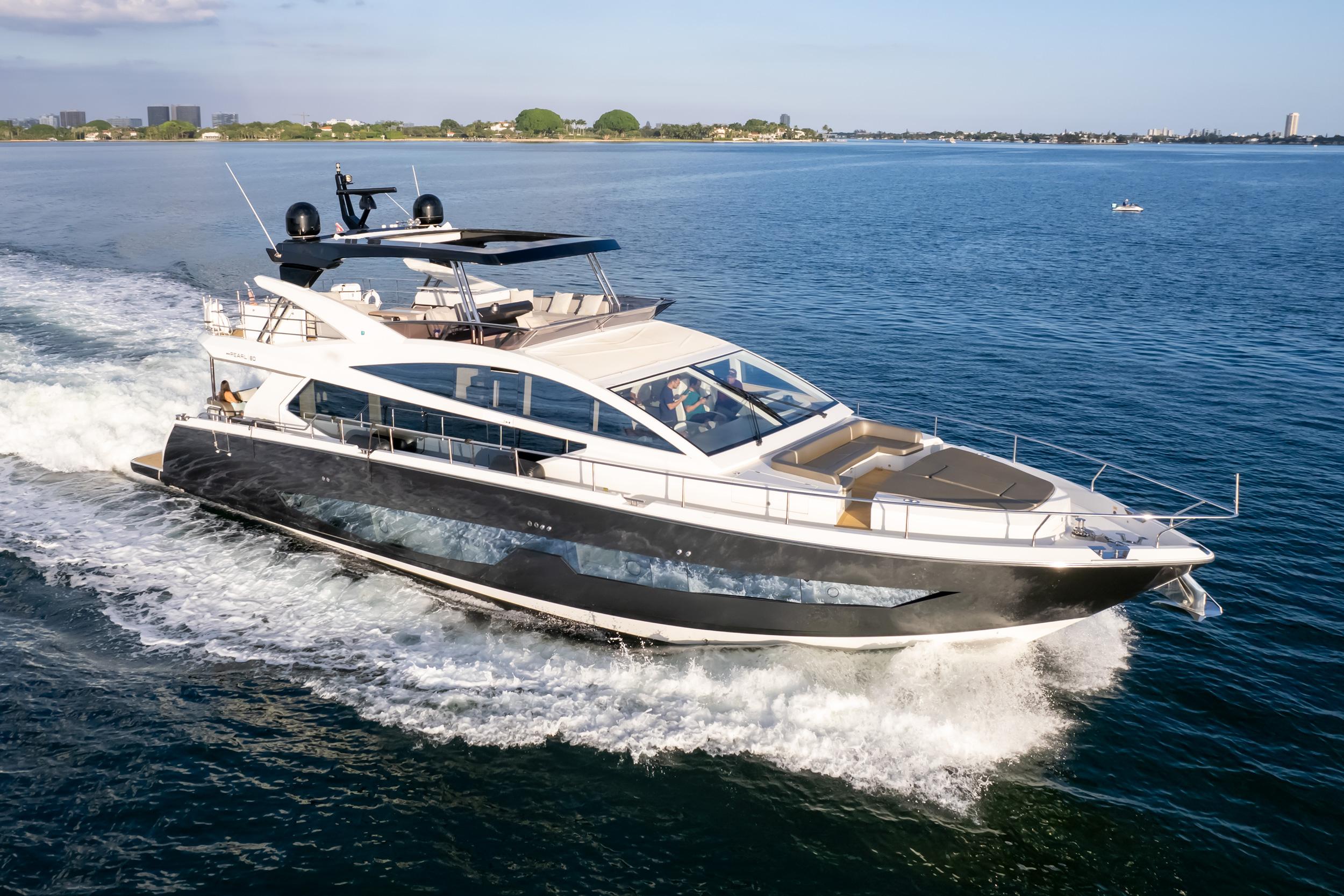 2020 Pearl 80 motor yacht exterior profile starboard side view in Miami waters