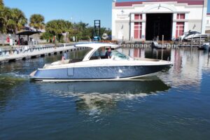 2022 Chris-Craft Launch 35 GT I/O with inboard-outboard power shown in profile view from the water.