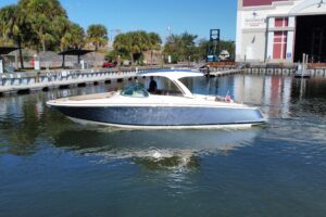 2022 Chris-Craft Launch 35 GT with twin inboard outboard engines moored at dock in St Petersburg, Florida.