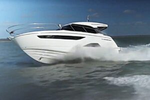 2023 Bavaria R40 Coupe 44.75-foot motor yacht exterior profile starboard side view showing hardtop, helm station, and runn...