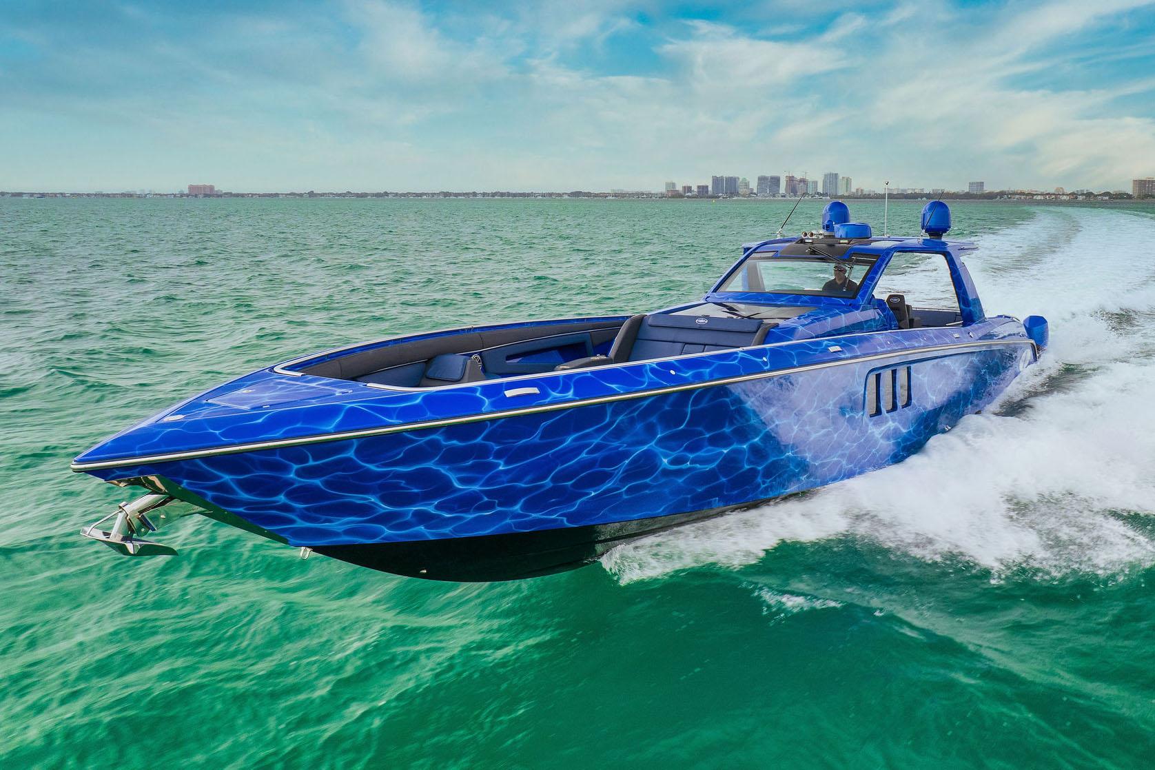 2023 Cigarette 59 Tirranna running profile starboard side showing stepped hull design, twin outboard engines, and hardtop ...