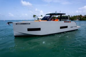 2023 De Antonio Yachts D50 50-foot motor yacht profile view showcasing sleek hull design and modern styling in Miami.