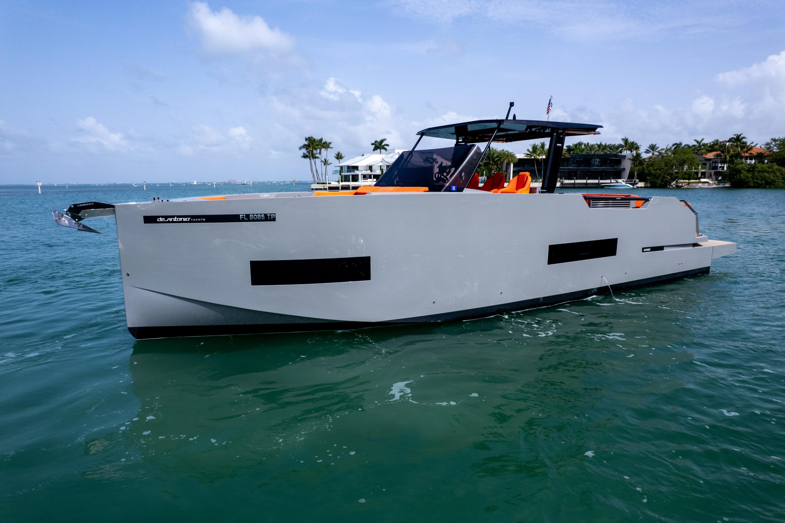 2023 De Antonio Yachts D50 50-foot motor yacht profile view showcasing sleek hull design and modern styling in Miami.
