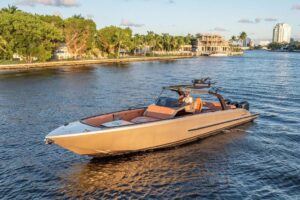 Bow view of 2023 De Koning 43 with forward seating and windscreen, Fort Lauderdale.