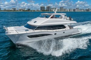 2023 Horizon PC60 motor yacht profile showing full exterior starboard side with hardtop, radar arch, and cruising configur...