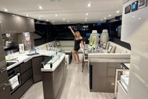 2023 Schaefer 660 bow section with forward seating and cabin entry in Deerfield Beach, Florida.