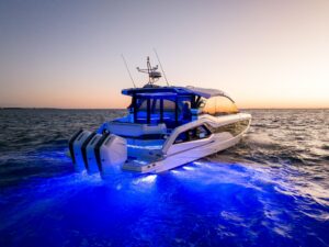 Bow seating and anchor locker on 2024 Galeon 435 GTO center console yacht.