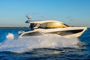Galeon 435 GTO helm station with dual Garmin displays, leather helm seating, and forward visibility through windscreen.