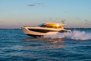 Galeon 435 GTO cabin interior with forward berth, natural lighting, and modern furnishings in 43-foot luxury motor yacht.