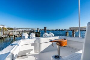 2025 Front Runner 43 catamaran salon with dual helm stations and panoramic windows overlooking the Atlantic Highlands wate...
