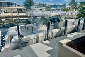 Bow view of 2025 Intrepid 43 Nomad SE center console with forward seating and windscreen.
