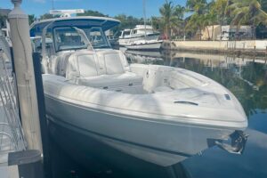 Bow view of 2025 Intrepid 43 Nomad SE center console with forward seating and integrated hardtop design.