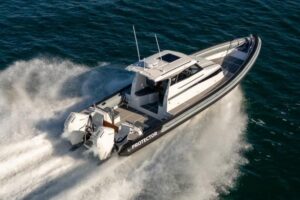 2025 Protector 380 Targa with V10 400 HP engine and JPO jet propulsion system, starboard profile view showing targa hardto...