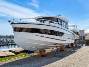 Wellcraft 38 Explorer bow section with forward seating and windshield detail.