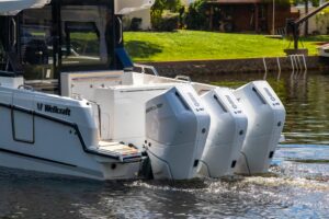 Wellcraft 38 Explorer bow with forward seating and windshield viewed from starboard side.