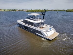 Azimut S7 70-foot luxury yacht bow section with forward seating and teak details in Stuart, Florida.