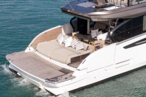 Azimut Seadeck 6 57-foot yacht helm station with dual helm seats, Garmin multifunction displays, and forward cabin visibil...