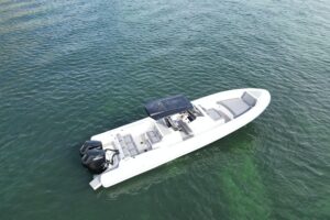 Northstar Orion 10 center console helm station with dual Garmin displays and steering wheel.