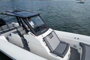 Northstar Orion 10 cabin interior with forward berth and natural light from portlights.
