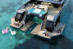 2026 Sunreef 45M Sunreef Explorer 147-foot catamaran hull profile showing twin hulls and superstructure design in Fort Lau...