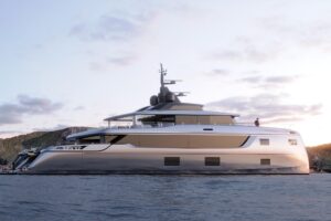 2026 Sunreef 45M Sunreef Explorer catamaran salon with contemporary furnishings and large windows overlooking the water.