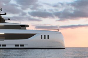 2026 Sunreef 45M Sunreef Explorer superyacht salon with contemporary furnishings and large windows overlooking the ocean.