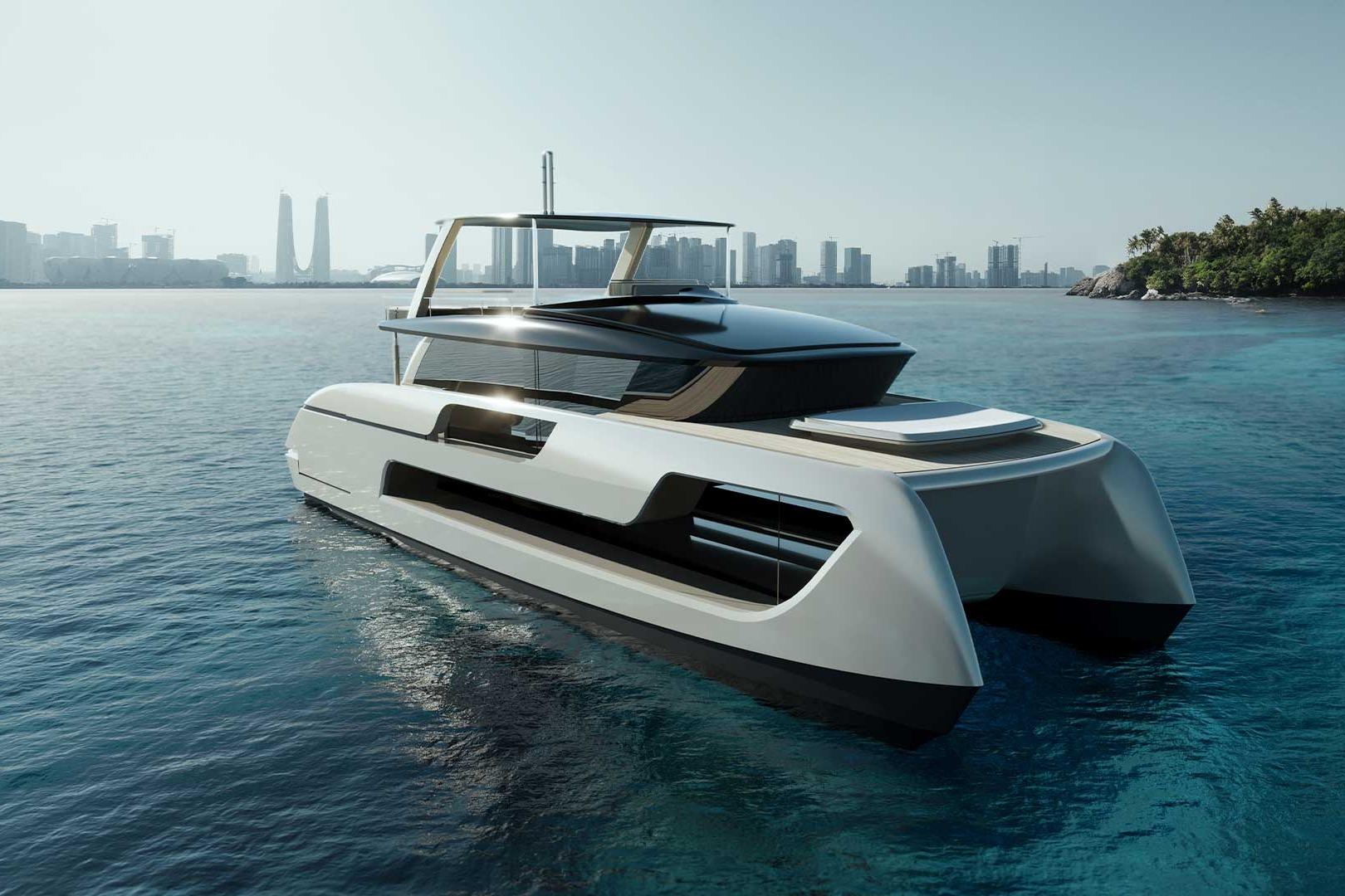 2026 Sunreef 66 Ultima catamaran exterior profile showing dual hulls and hardtop in Fort Lauderdale.