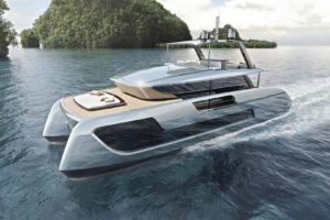 Sunreef 66 Ultima catamaran bow section with dual hulls and forward seating area.