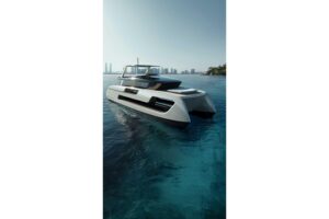 Sunreef 66 Ultima catamaran bow section with forward seating and cabin entry on starboard side.