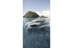 Sunreef 66 Ultima catamaran salon with light-filled interior, modern furnishings, and panoramic windows overlooking the wa...