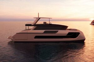 Sunreef 66 Ultima catamaran salon with panoramic windows, modern seating arrangement, and open-plan living space.
