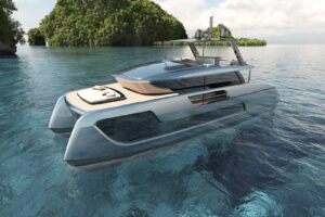 Sunreef 66 Ultima catamaran salon with neutral upholstered seating, large windows, and modern interior finishes.