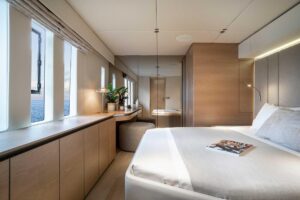 2026 Sunreef 70 Sunreef Power catamaran salon with modern seating, large windows, and contemporary interior finishes.