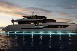 Sunreef Ultima 111 catamaran salon with contemporary furnishings and expansive windows overlooking the water.