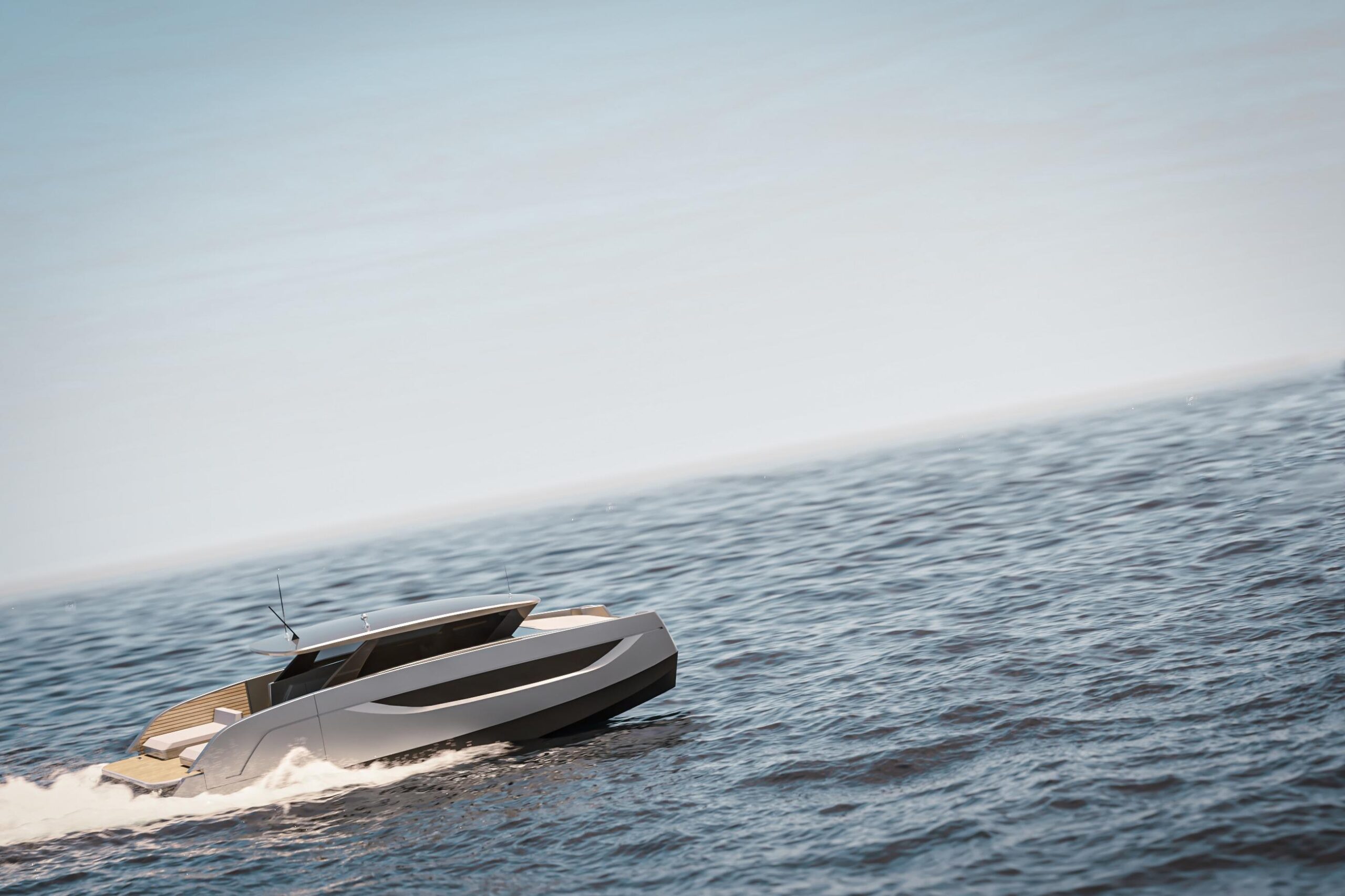 2026 Sunreef Ultima 44 catamaran exterior profile starboard side view showing dual hulls and hardtop in Fort Lauderdale.