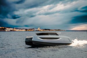 Sunreef Ultima 44 catamaran bow with dual hulls and forward seating in Fort Lauderdale.