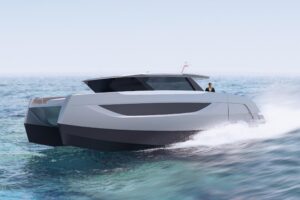 Sunreef Ultima 44 catamaran bow seating and foredeck with dual hulls visible in Fort Lauderdale.