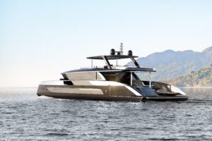 Sunreef Ultima 88 catamaran salon with panoramic windows, contemporary furnishings, and open-plan living space in Fort Lau...