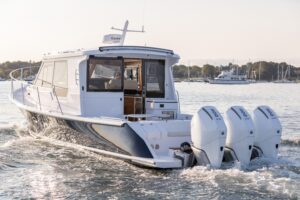 Bow seating and anchor locker on 2026 True North 39 Outboard Express center console.